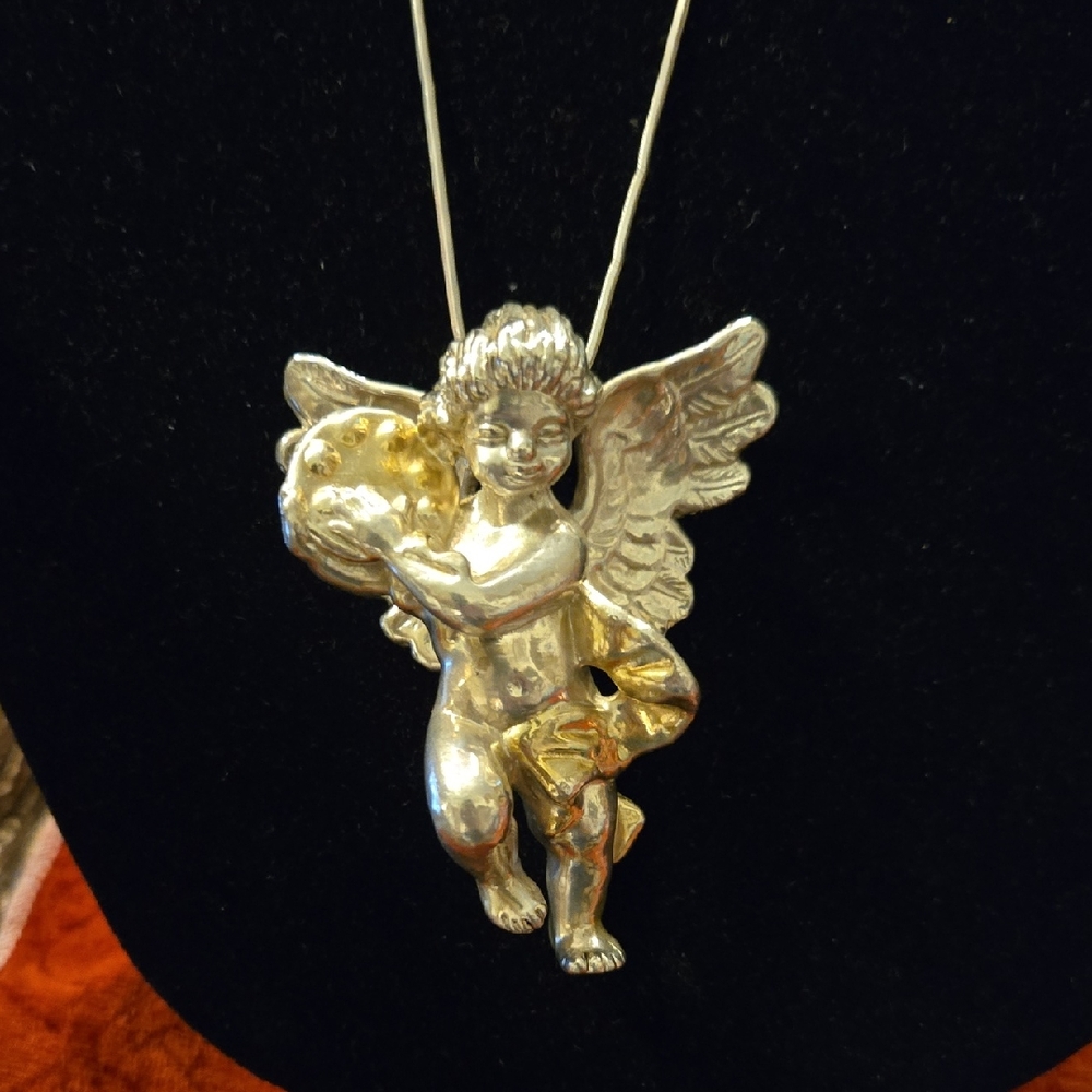 Large Sterling Silver Cherub Angel Pendant Brooch Necklace